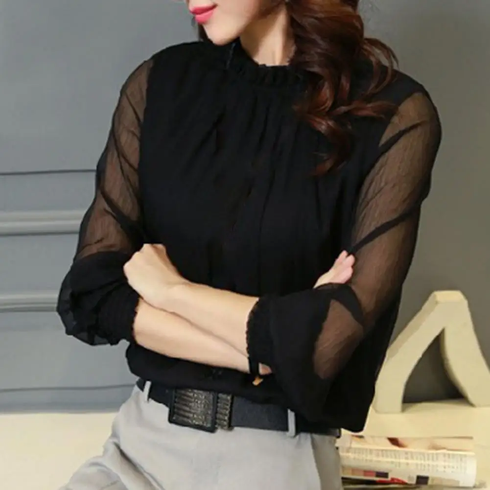 

Shirt Top Perspective Net Mesh Sleeve Elastic Cuffs Women Shirt Elegant Ruffle Collar Solid Color Chiffon Shirt