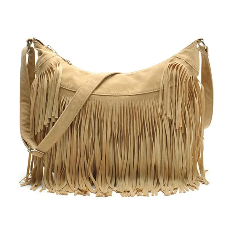 

Vintage Bohemian Fringe Messenger Crossbody Bag Purse Women Tassel Handbag Solid Color Tassel Shoulder Bags