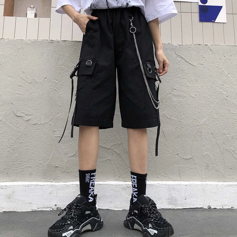 

Шорты женские с лентами и завышенной талией, уличная одежда, короткие штаны-карго в стиле Харадзюку, черные однотонные брюки с широкими штанинами, лето 2023