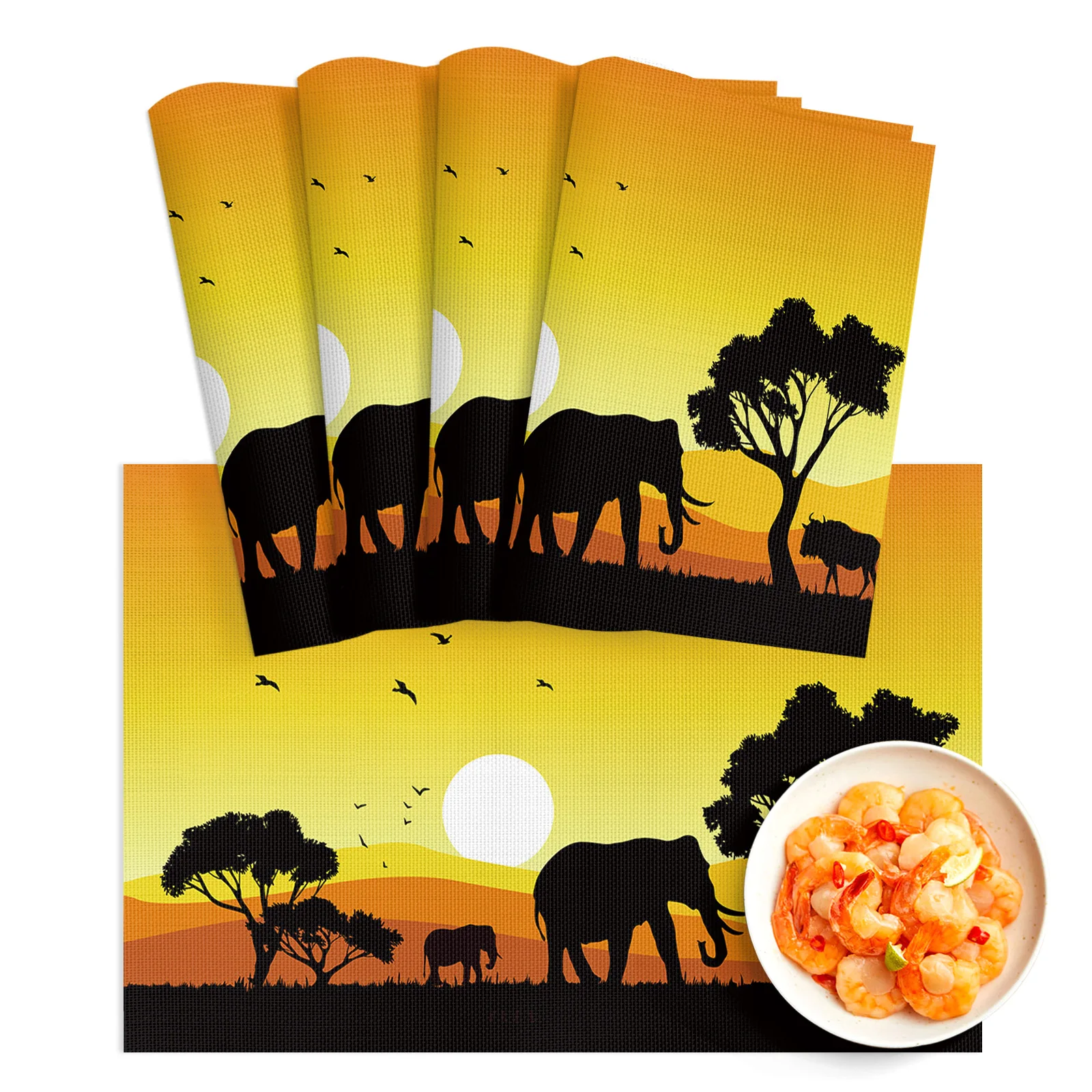 

4/6Pcs PVC Placemats African Sunset Landscape Animal Elephant Dining Disc Pads Bowl Coasters Plate Bar Kitchen Coffee Table Mat