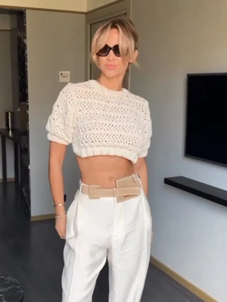 

Женская однотонная модель 2023, летняя модная женская жаккардовая сетчатая рубашка с круглым вырезом и коротким рукавом, Женский шикарный топ в уличном стиле