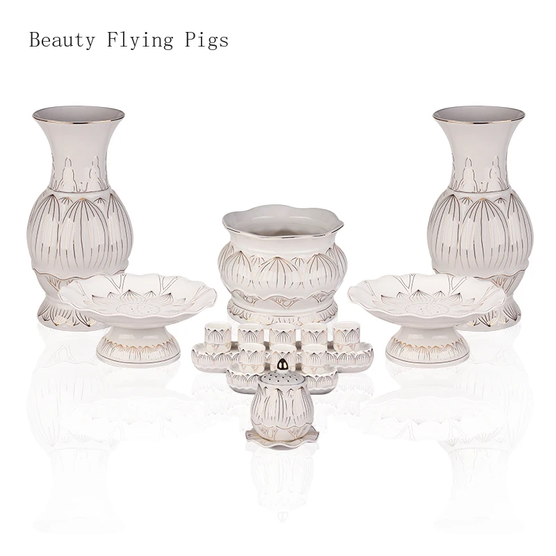 

Ceramic White Lotus Buddha Set Water Supply Cup, Incense Stove, Fruit Plate, Small Wine Cup Offering Supplies feng shui