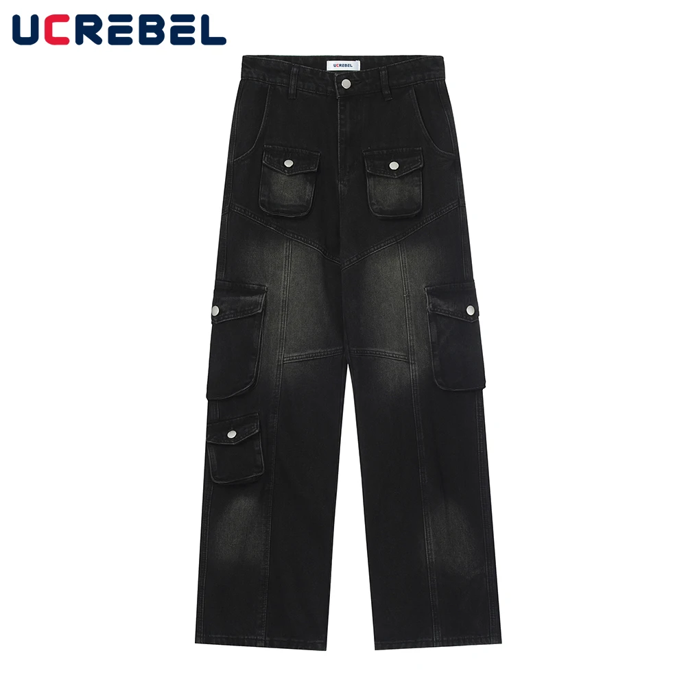 

Брюки мужские джинсовые с несколькими карманами, свободные прямые штаны в стиле High Street, варенные джинсы, широкие брюки