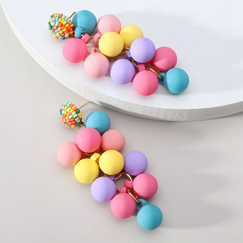 

Bohemain Round Ball Tassel Dangle Earrings For Women Trend Luxury Design Colorful Beads Summer Party Acrylic Pendant Jewelry
