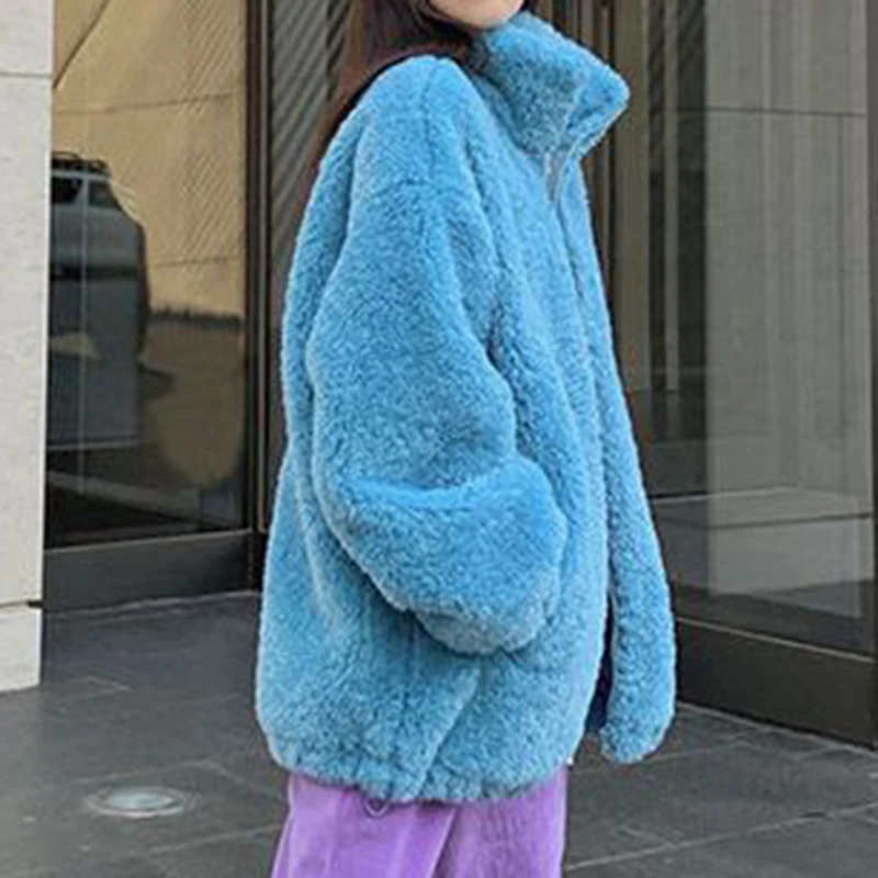 Blue  Coat Women 2022 Hooded Lamb Coat Winter  jacket women  Cotton  Thick （Winter)  Cotton  High Street  Button women