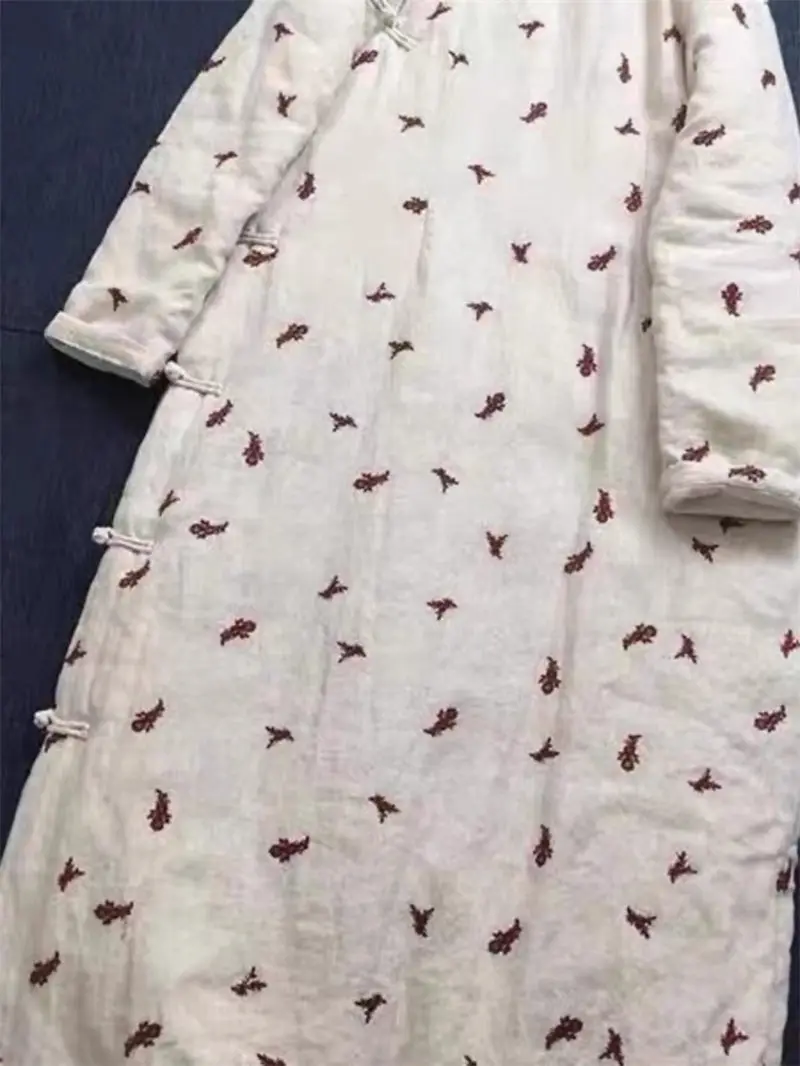 Пальто в национальном стиле ретро с пряжкой бежевое хлопковое зимнее длинное