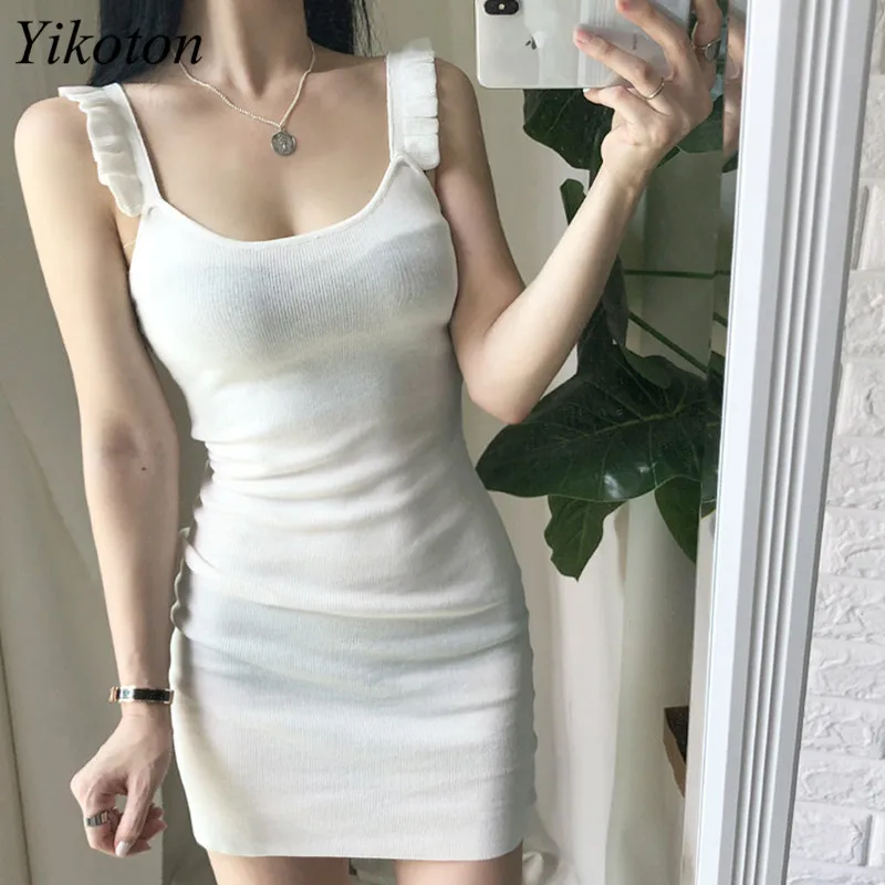 

Women's Summer Dress Mini Sexy Dress Flounced Edge New Sweet Slim Tank Sheath knit Dresses O-Neck Sleeveless vestido feminino