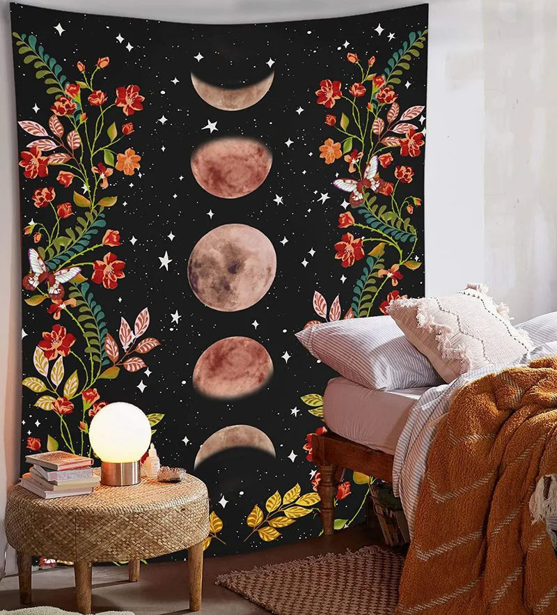 

Moonlit Garden Tapestry Moon Phase Surrounded by Vines and Flowers Black Background Wall Art Hanging for Girls Room Dorm Decor