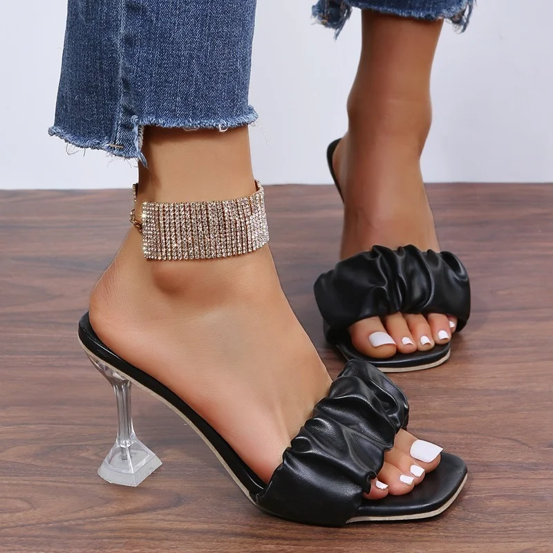 

Factory Wholesale New Summer Women Sandals Slip-on Pleated Pu Leather Crystal Heel High Heels Sandals Modern Sandals