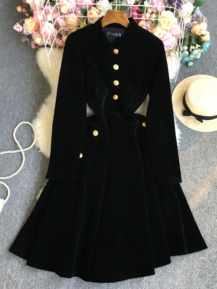 

Женское однобортное бархатное платье LY VAREY LIN, элегантное облегающее Черное длинное платье-трапеция с воротником-стойкой, Осень-зима