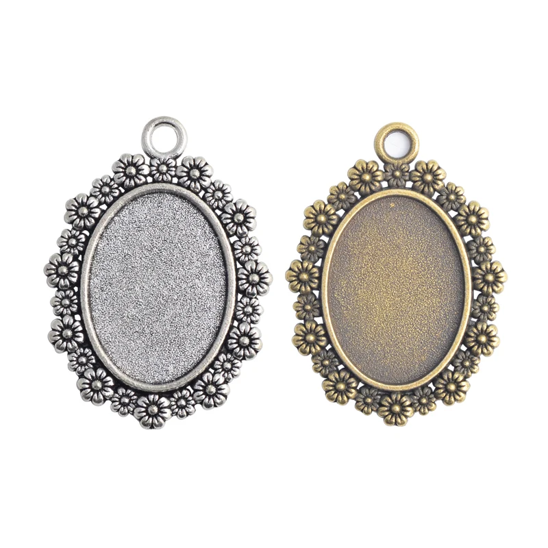 

10pcs 18x25mm Inner Size Antique Silver Plated Bronze Black Flower Style Cameo Cabochon Base Setting Pendant necklace findings