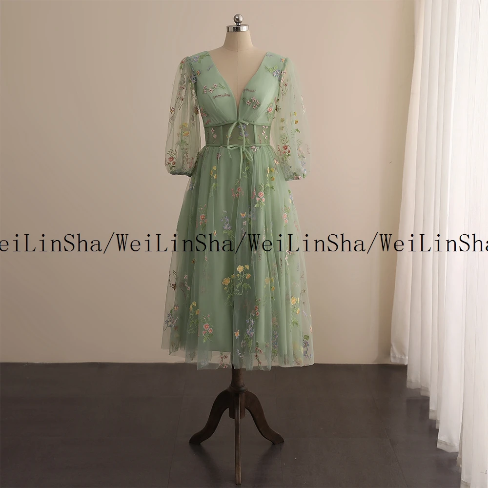 

V Neck Flower Green Princess Evening Dresses for Ladies 2022 New HOT Salt Prom Gowns with Sashes Half Sleeve Vestidos De Fiesta