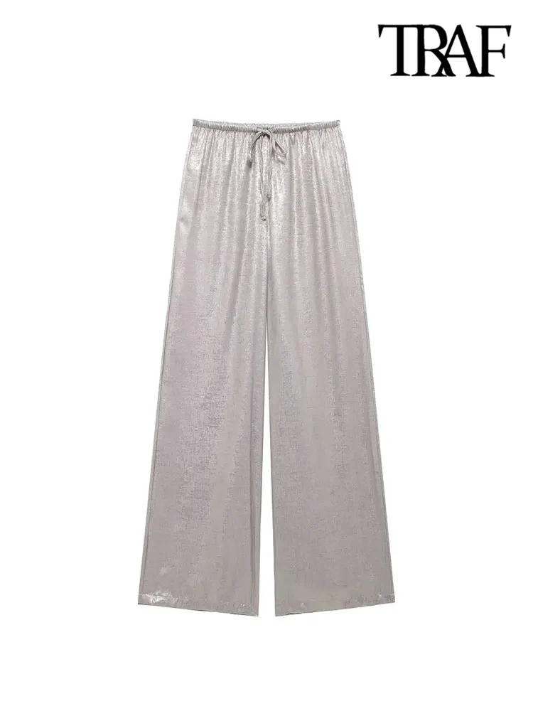 Брюки женские прямые металлические с высокой эластичной талией и кулиской