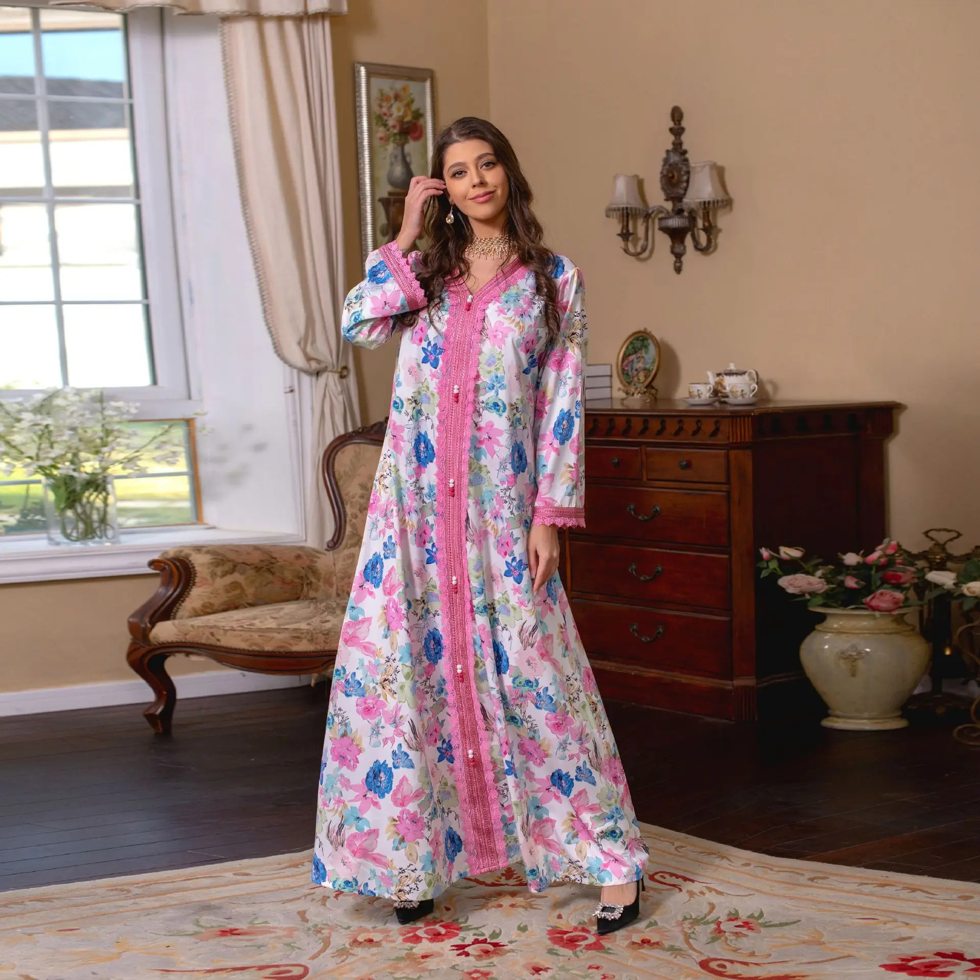 Eid Pink Embroidered Satin Dresses Muslim Long Sleeve Maxi Abaya Dubai Turkey Fashion Floral Print Jalabiya with Hijab