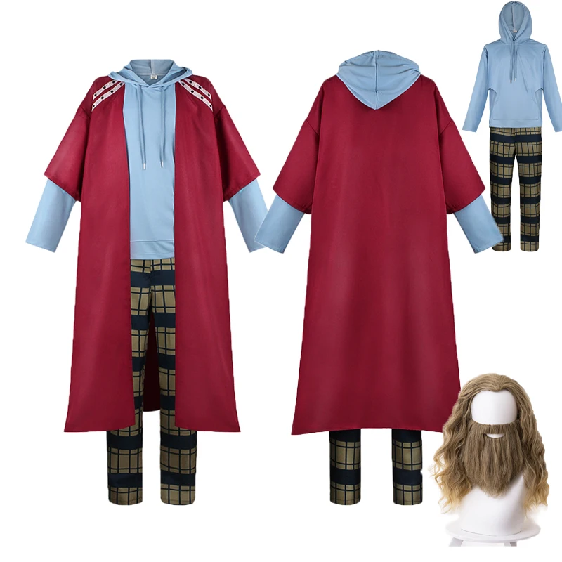 

Movie Love and Thunder 4 Superhero Cosplay Costume Red Coat Hoodie Pants Full Outfit Halloween Party Beard Caveman