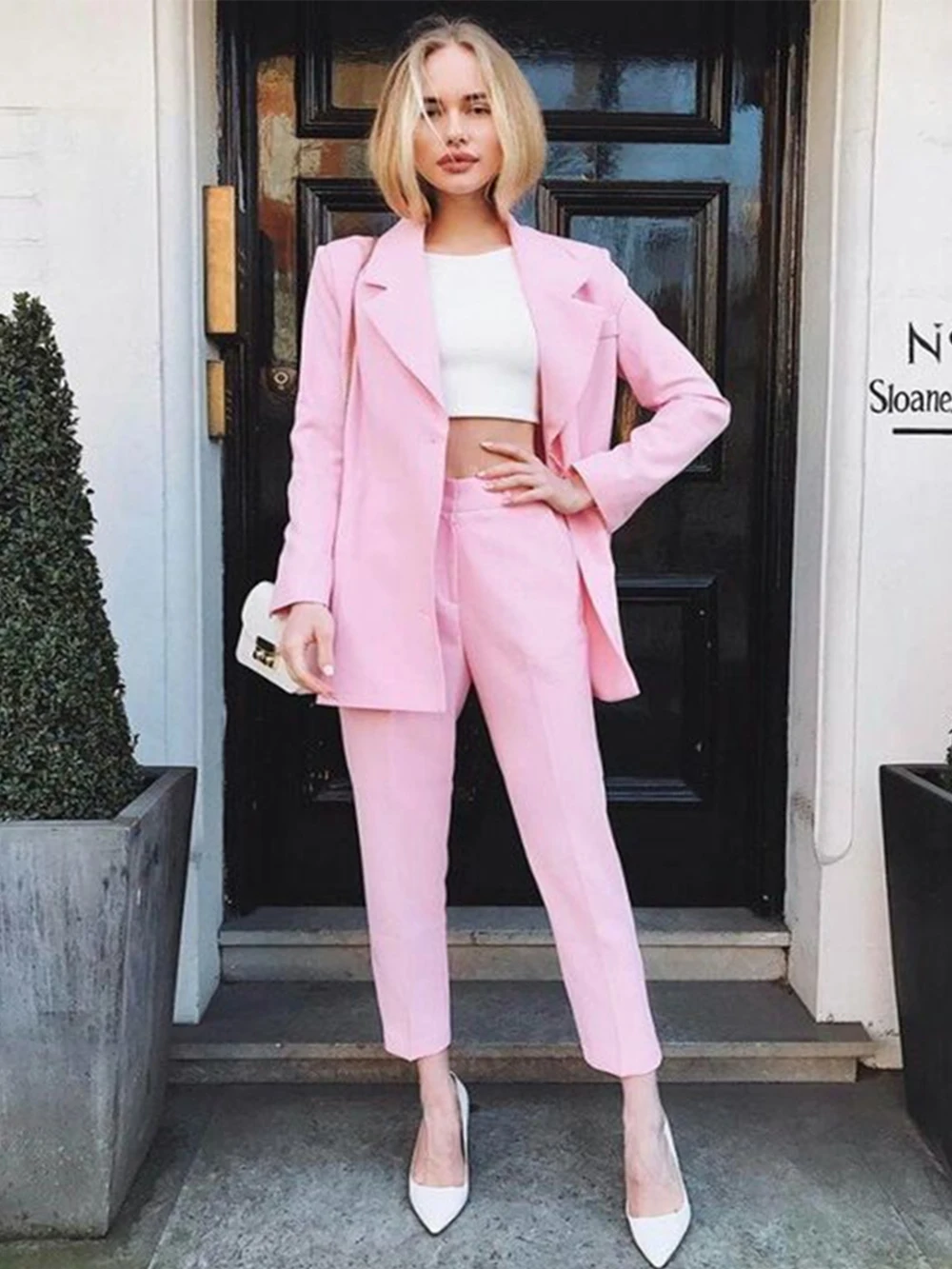 

Pink Single Breasted Notch Lapel Women's Suit For Work Lady Cropped pants Fashion Casual Jacket Blazer Pants