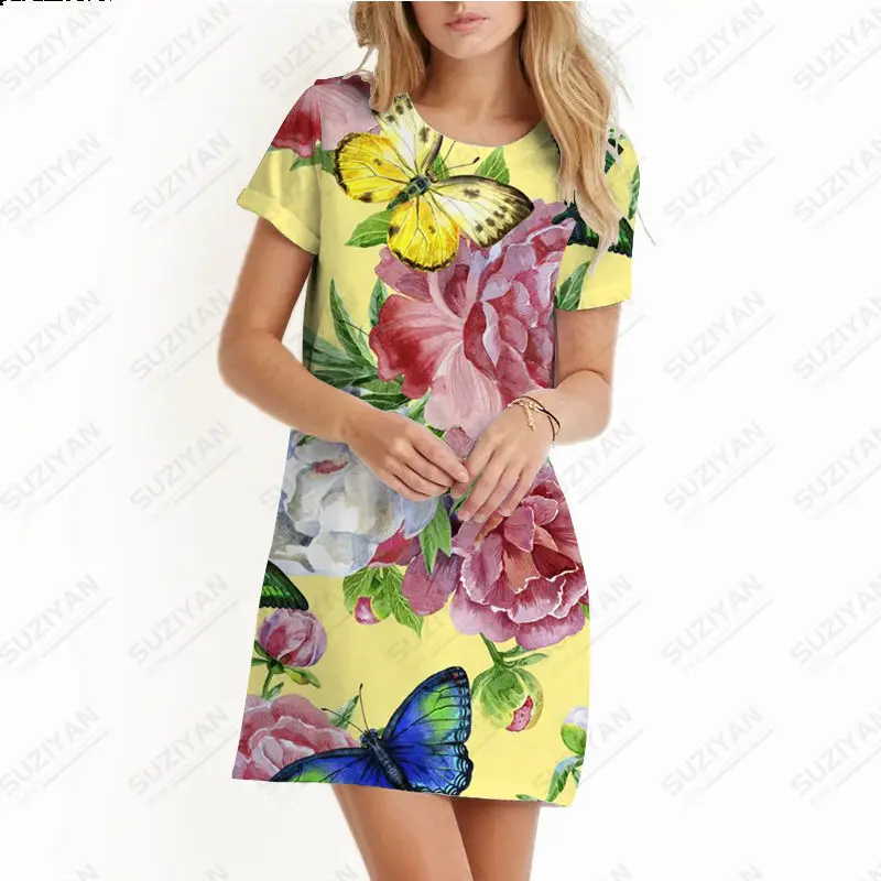 

Fashion New Spring Summer Women's Dress Flowers 3D Print Beach Dress Holiday Style Round Neck Short Sleeve Casual A-line Dress