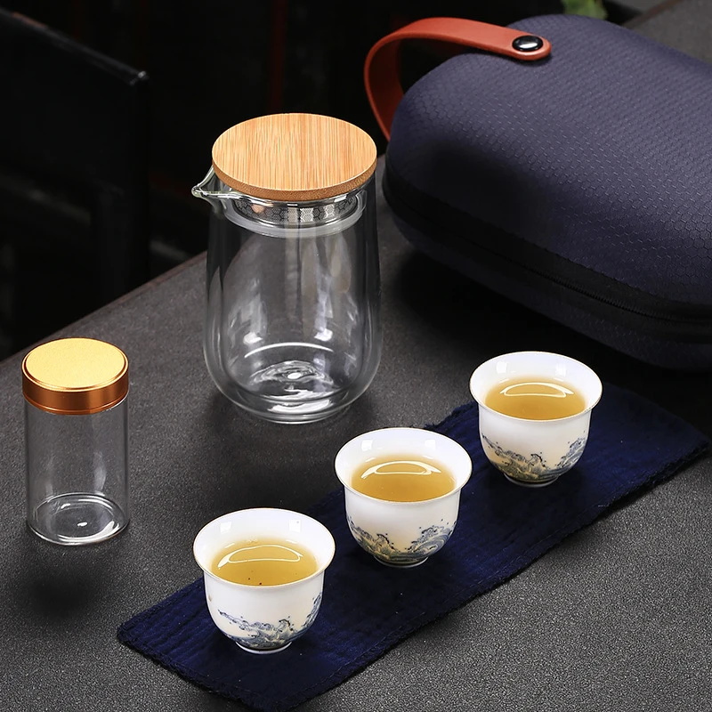 

Керамический чайник Gaiwan, один чайник, три чашки, один резервуар, чайные наборы, портативные дорожные чашки для дома и офиса, керамический кон...