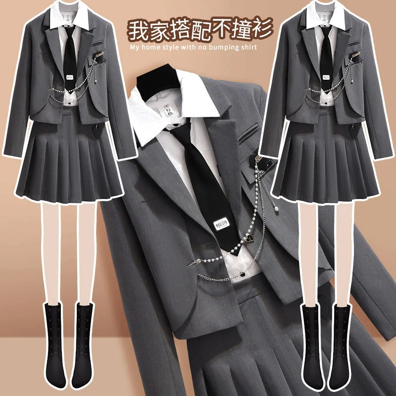 

Suit Suit Female Spring Autumn 2022 New Small Jk Uniform Three-piece Set Women Thin College Style White Shirt Pleated Skirt Set