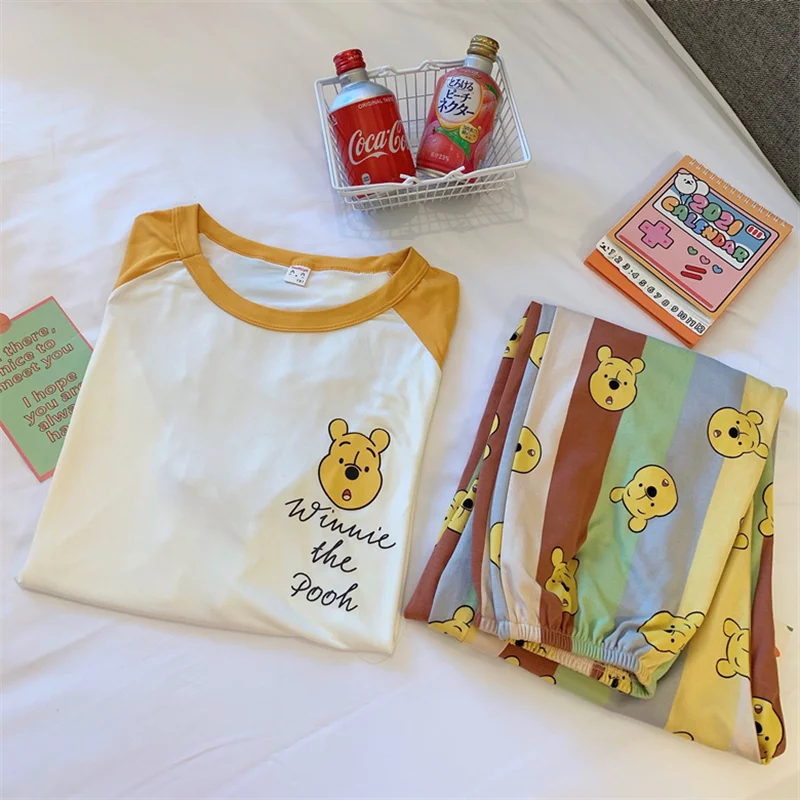 Women's Pajamas Set Summer Thin Short Sleeve Pants Two Piece Set Sleepwear Soft Loungewear Ladies Casual Winnie the Pooh Pajamas