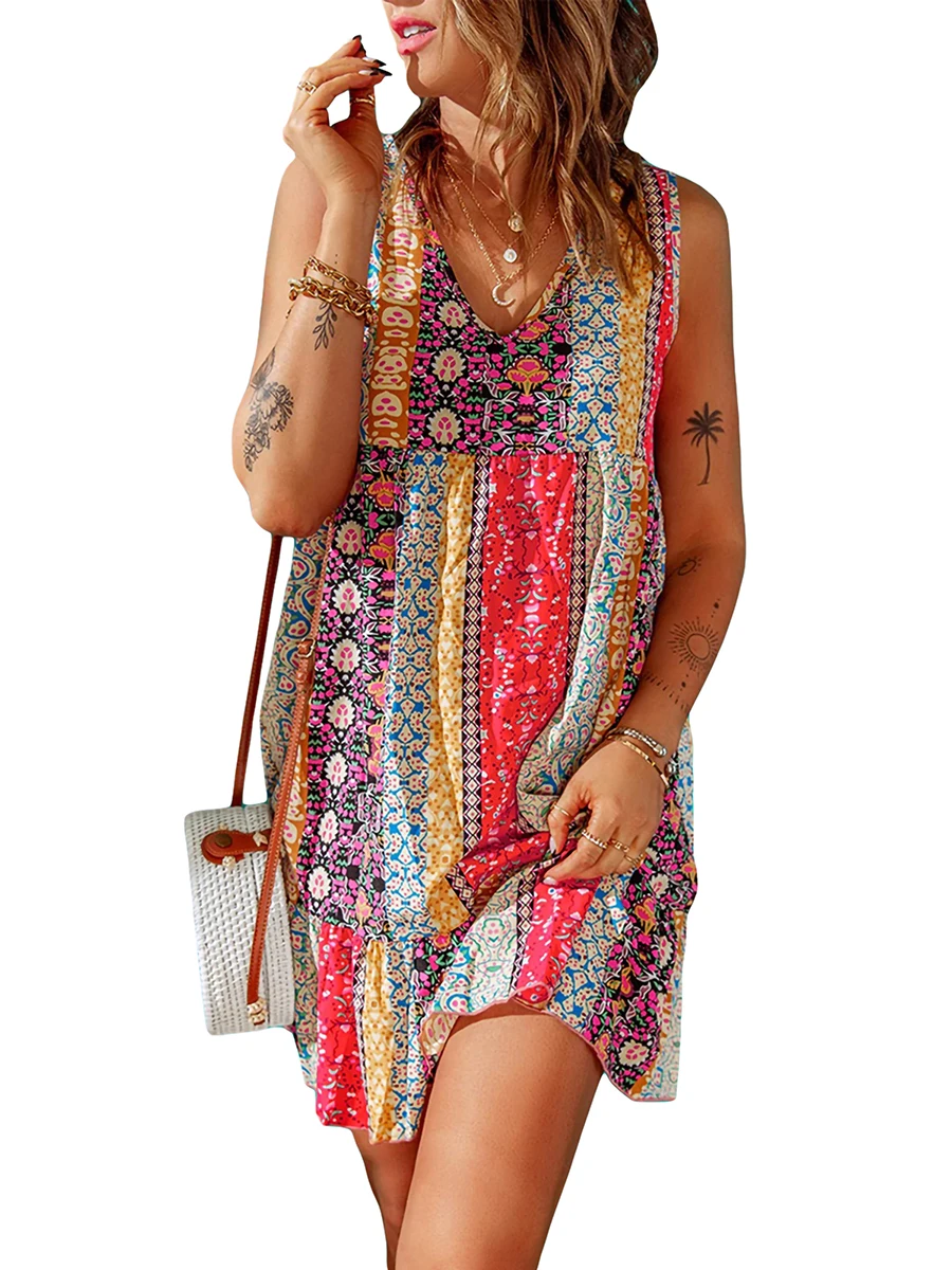 

Женское летнее платье в стиле бохо с цветочным принтом, V-образным вырезом, без рукавов, с оборками, в стиле пэчворк, Повседневное платье в бо...