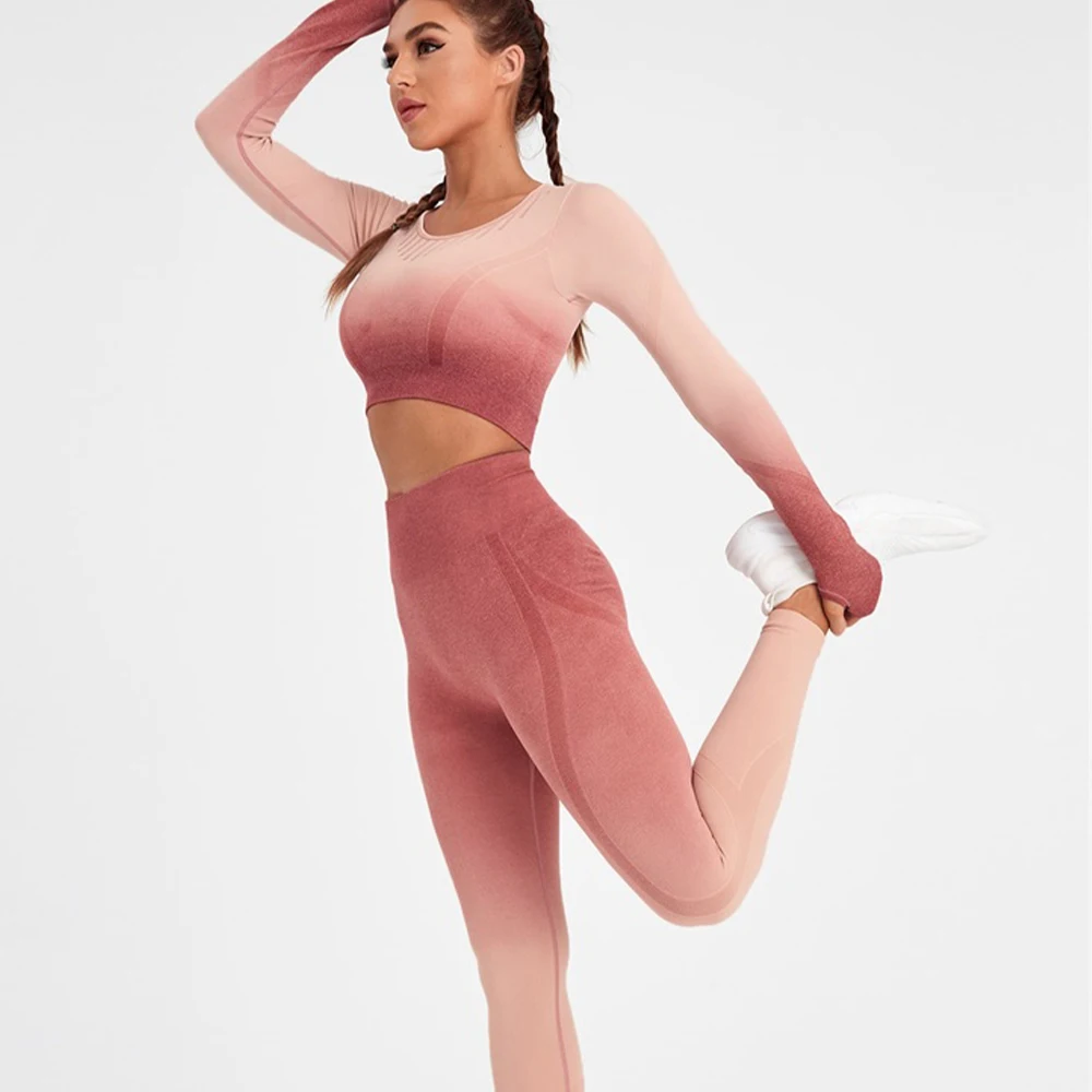 2 Pcs long sleeve Women Sport Suit Fitness Gradient Yoga Set Push Up Workout Gym Leggings Running Clothing Tracksuit Sportswear