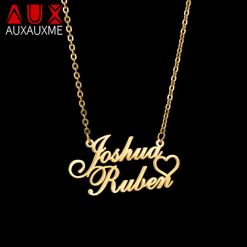 

Auxauxme Customized Double Name Empty Heart Necklace for Women Girl Personalized Nameplate Jewelry Gifts Dropshipping