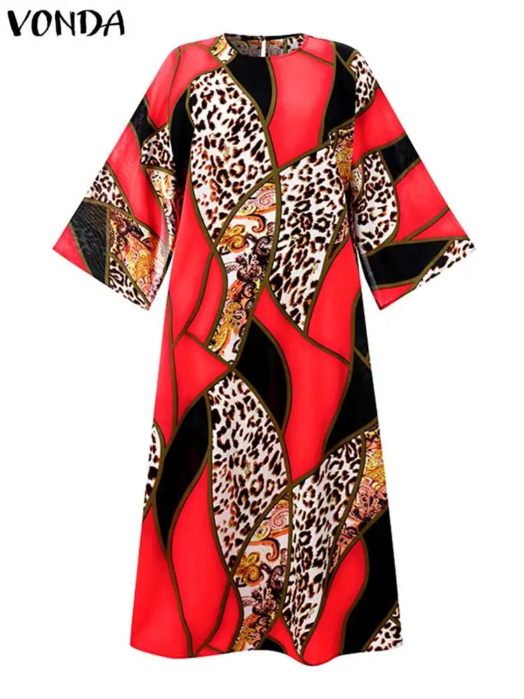 Plus Size 5XL VONDA Summer Dress Women 2023 Bohemian Causal 3/4 Sleeve Vintage Leopard Printed Long Robe Loose Party Sundress