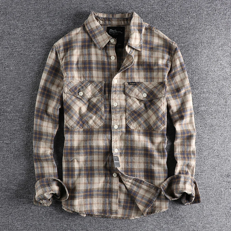 Kaji retro tooling plaid shirt men's flannel sanding comfortable casual American Joker shirt jacket in autumn and winter