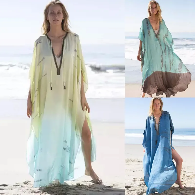 Summer Blouse Long Chiffon Print Loose Robe Vacation Beach Skirt Bikini Sun Shirt Swimsuit
