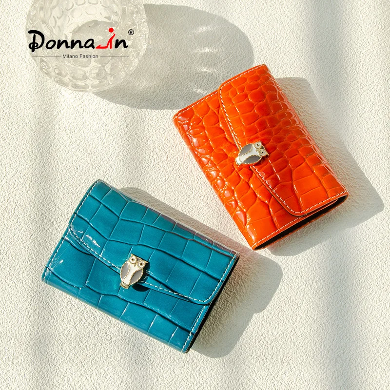 

Donna-in Small Genuine Leather Wallet for Women Owl Guarding Crocodile Embossed Card Holders Small Portable Coins Purses New