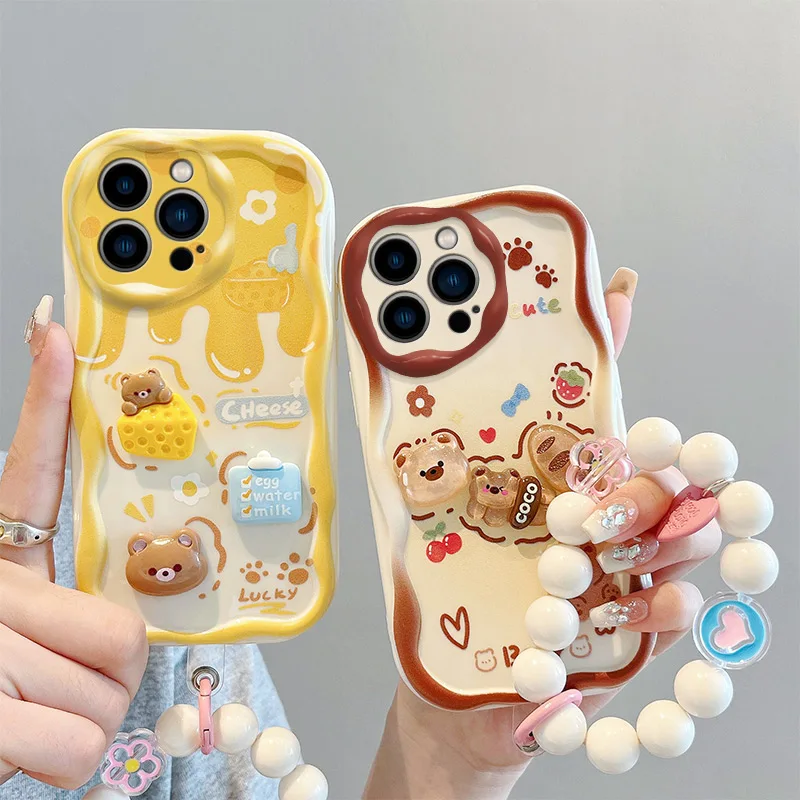 

Fashion Wavy Edge Cute Creamy Animals Phone Case for iPhone 13 iPhone 13 Pro iPhone 13 Pro Max Hand Strap Bracelet Case Cover