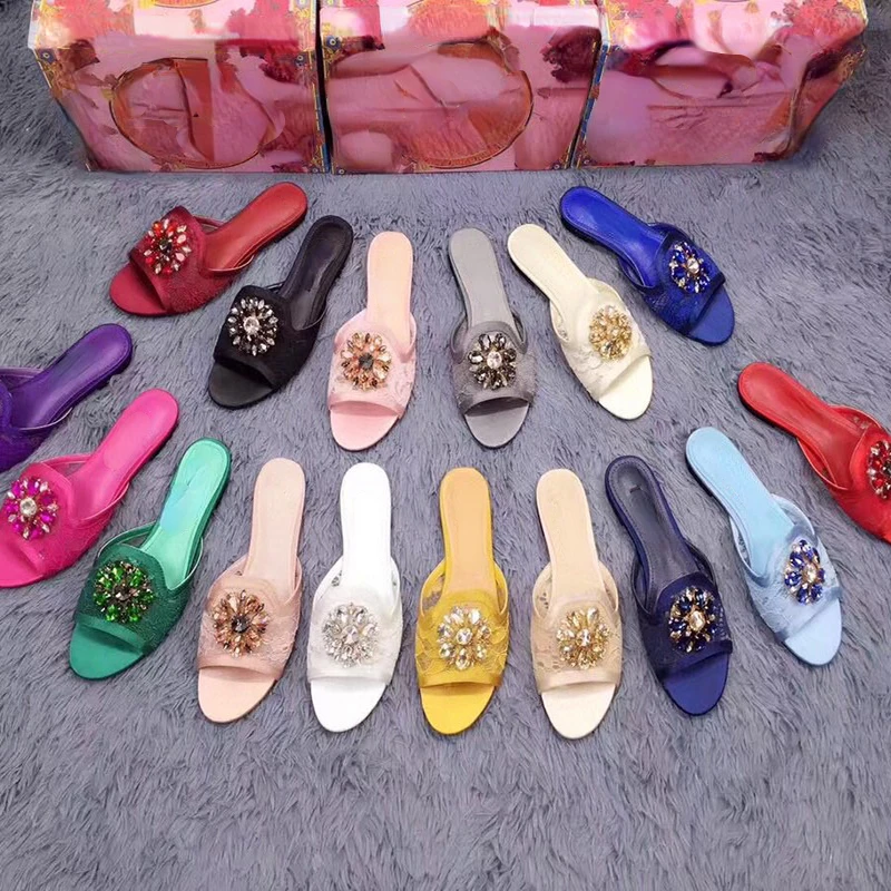 

2022 Summer Lace Flat Shoes Slippers Women's Outer Wear Mesh Breathable Rhinestone Slippers Sandals Women's Large Size Flat Heel