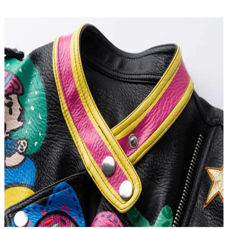 New spring leather jackets womens autumn pink fruit green color matching street stand collar slim motorcycle clothes весенняя enlarge