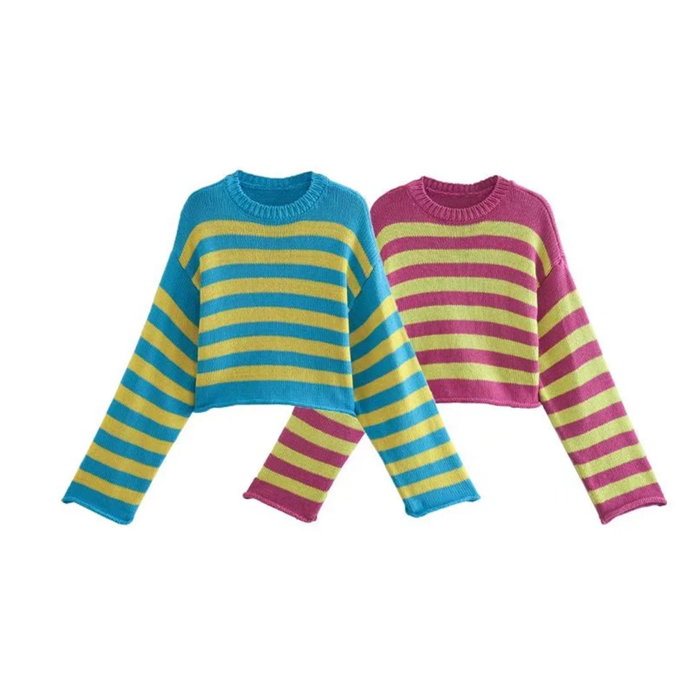 

Женский полосатый Укороченный трикотажный свитер DiYiG, Ретро пуловер с круглым вырезом и длинным рукавом, шикарный топ, новинка 2022