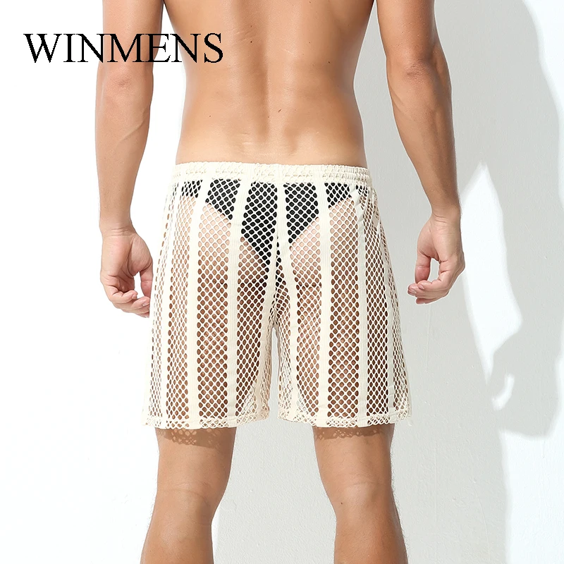 Summer Fishnet Transparent Men's Middle Pants Super Elastic See Through Youth Long Boxer Shorts Cut-outs Breathable Underwear