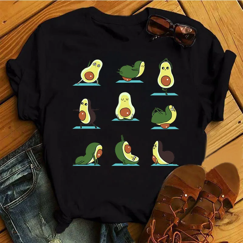 

New Fashion Women T Shirt Cartoon Funny Avocado Print Tops Tee Graphic T Shirt Women Tops Black Tees Kiss 90s Girl Girls Tshirt