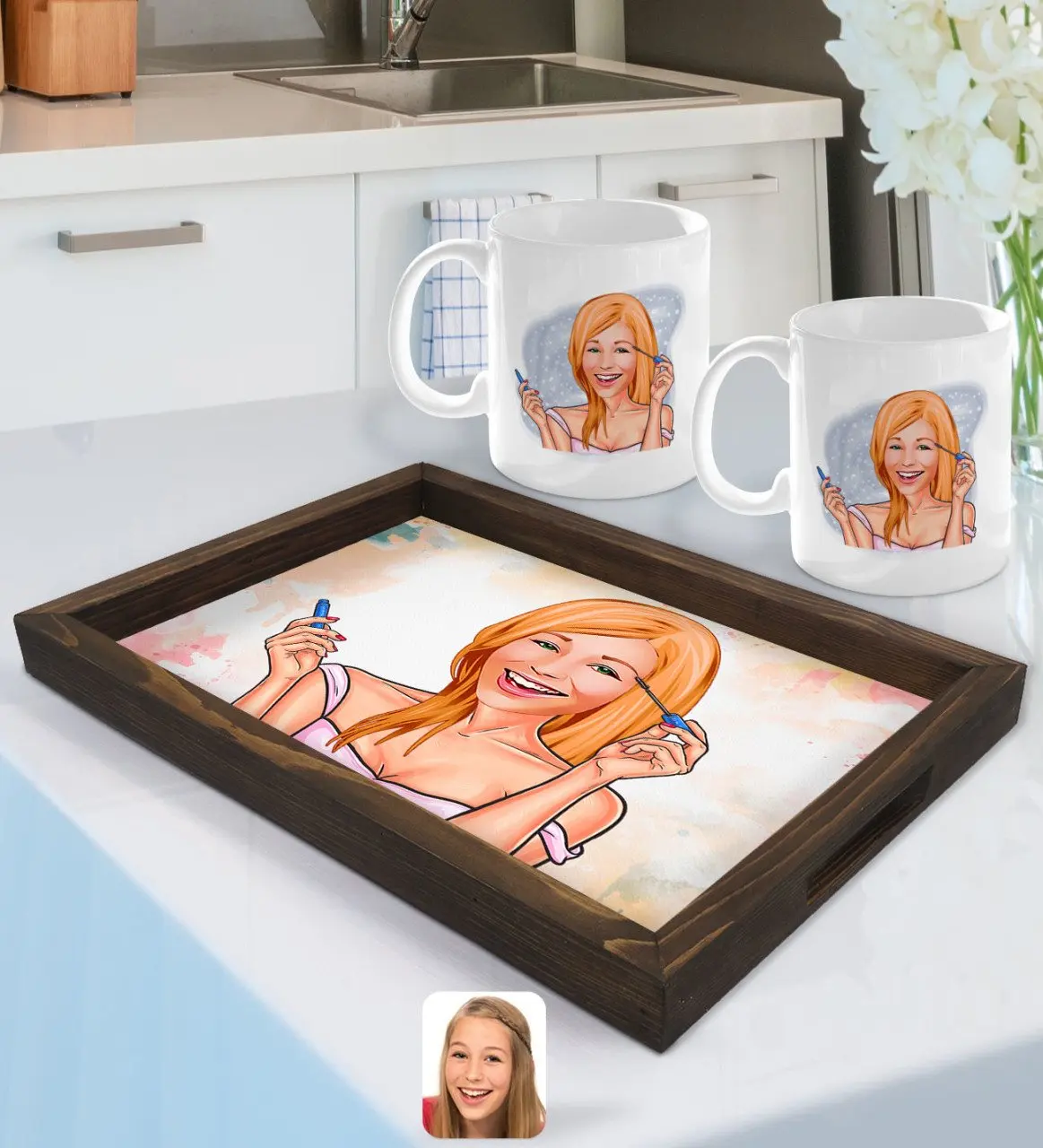 

Персонализированная Женская карикатура поднос из натурального дерева и 2gang Cup Seti-21