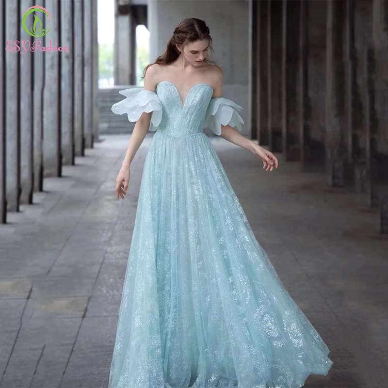 

SSYFashion Light Blue Lace Evening Dress Sweetheart A-line Floor-length Petal Sleeves Long Party Formal Gowns for Women Vestido
