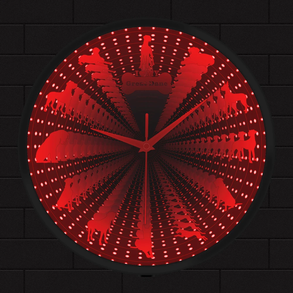 

German Breed Great Dane Infinity Mirror Clock Led Tunnel Lamp For Bedroom Apollo of Dog Puppy Home Decor Luminous Wall Clock