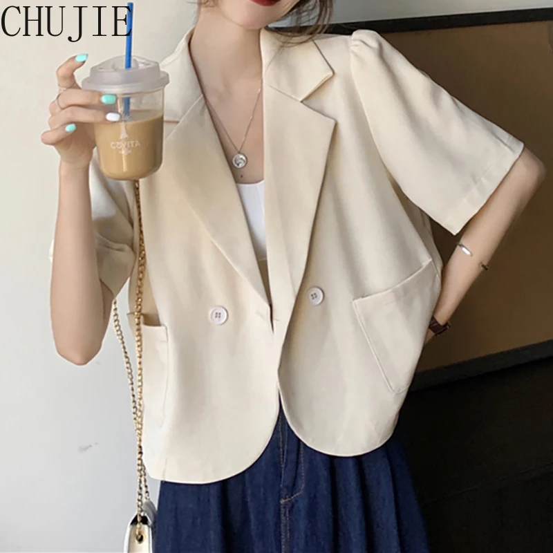 

Korean Fashion Chic Puff Sleeve Blazer Jacket Short Sleeve Buttons Pockets Linen Wild Short Outerwear 2022 Summer Women Clothes