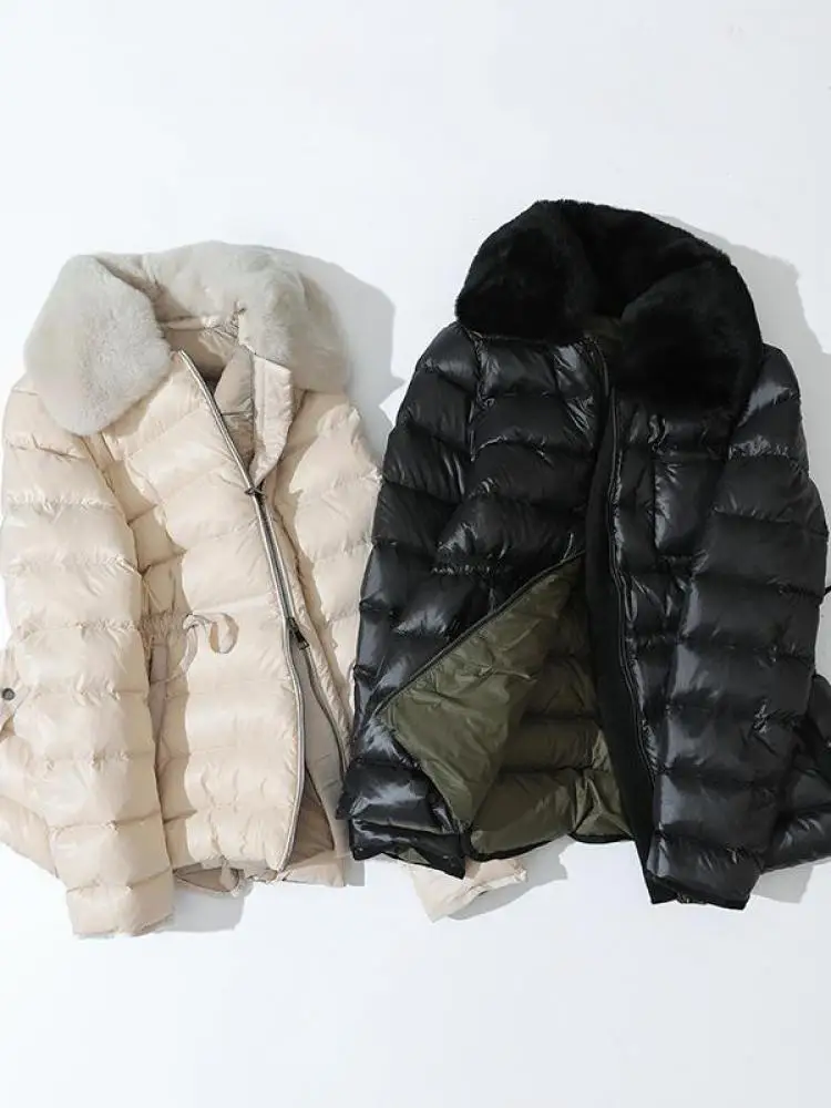 

Winter Rex Rabbit Fur Collar 90% White Duck Short Down Jacket For Women Slim Puffer Coat Korean Ultralight Windproof Outwear