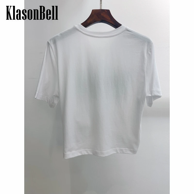 

5,9 KlasonBell, короткая футболка с принтом и вышивкой, Женская хлопковая Футболка с украшением в виде булавки, белая футболка