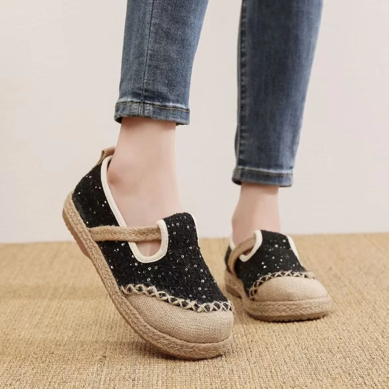 Women's Spring Autumn Linen Flats Woven Casual Shoe Soft Sole Non Slip Round Toe Ethnic Style Canvas Shoes Retro Handmade