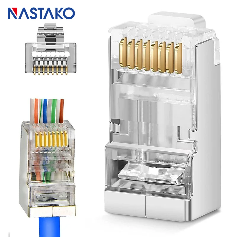 Easy RJ45 Connector Cat5e Cat6 Cat6A Pass Through Connector STP Full Gold Plated 3 Prong Modular Plug 8P8C Network Cable Jacks