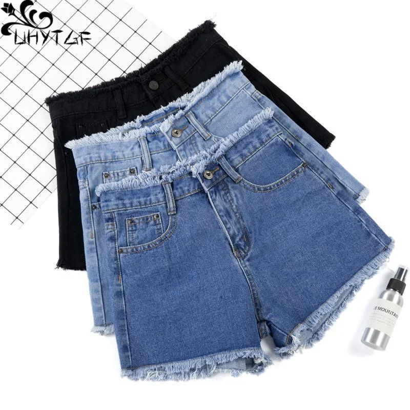 

Женские джинсовые шорты UHYTGF, летние модные свободные трапециевидные тонкие джинсовые шорты в Корейском стиле с необработанными краями и высокой талией