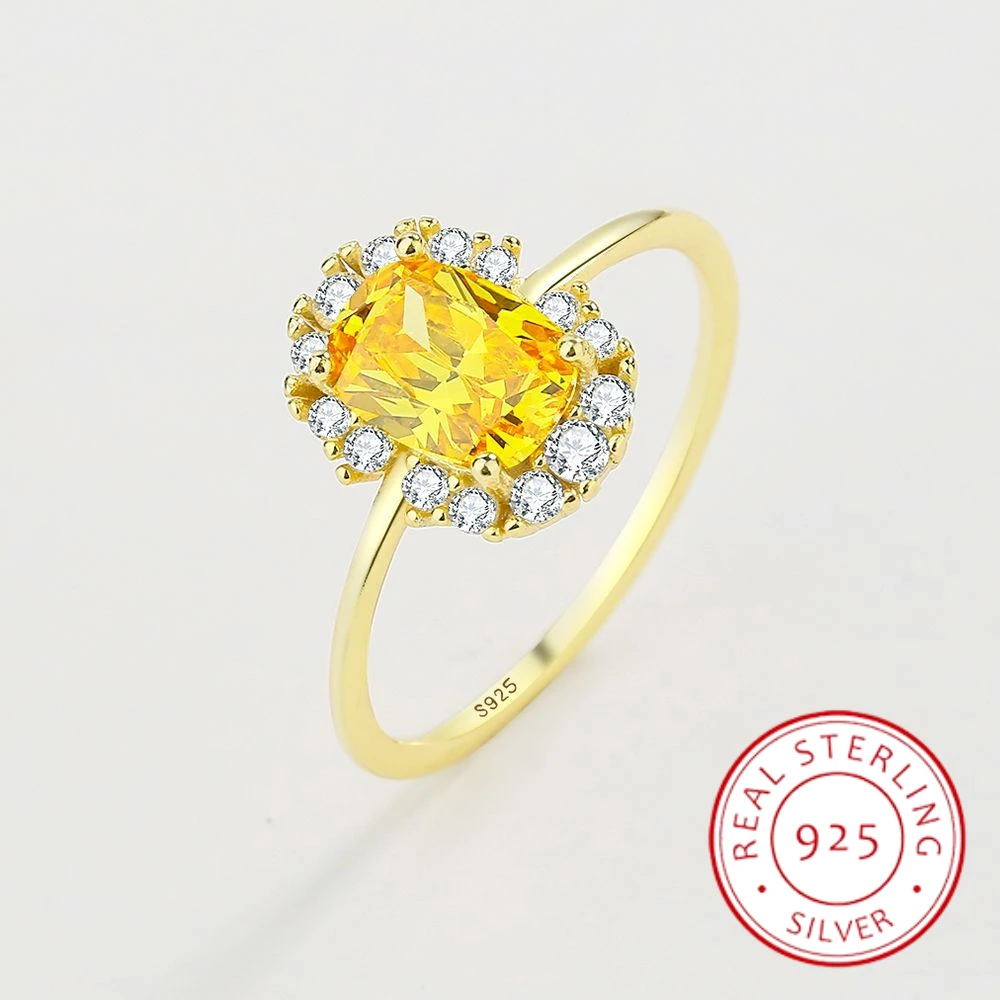 

New Classic Citrine Diamond Zircon Gold Ladies Ring S925 Original Authentic Sterling Silver Engagement Wedding Gift Jewelry