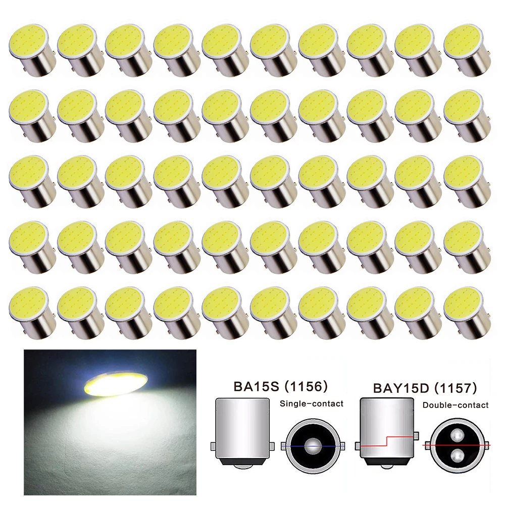 50pcs Car LED Light COB*12SMD 1156 BA15S 1157 BAY15D For Truck DRL Daytime Running Lamp Reverse Stop Signal Bulb 24V Accessories
