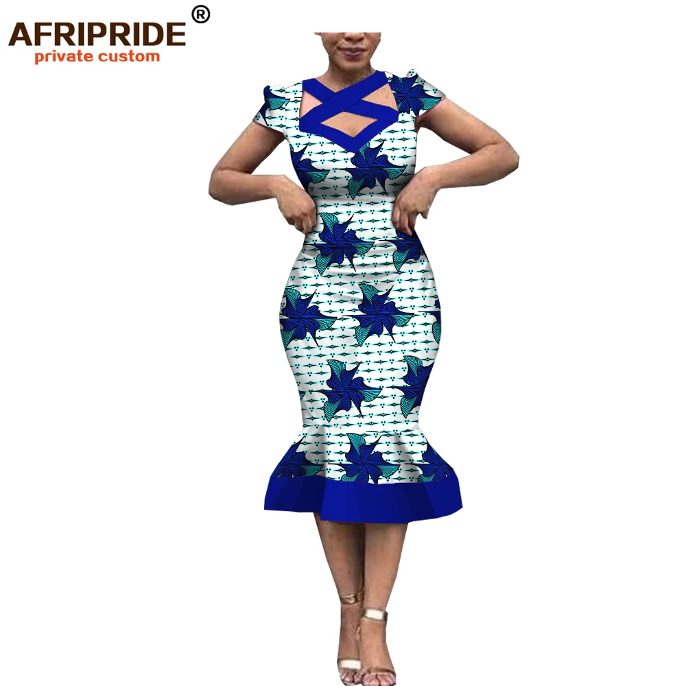 

african spring&autumn dress for women AFRIPRIDE tailor made short sleeve calf length trumpet women cotton dress A1825071