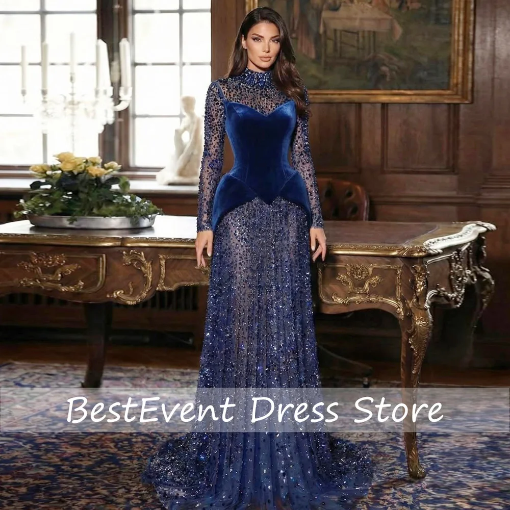 Фото Изысканное вечернее платье А-силуэта с пайетками для женщин, с иллюзорным низом, для свадебных торжеств, бархатное платье с пеплумом, на заказ №1